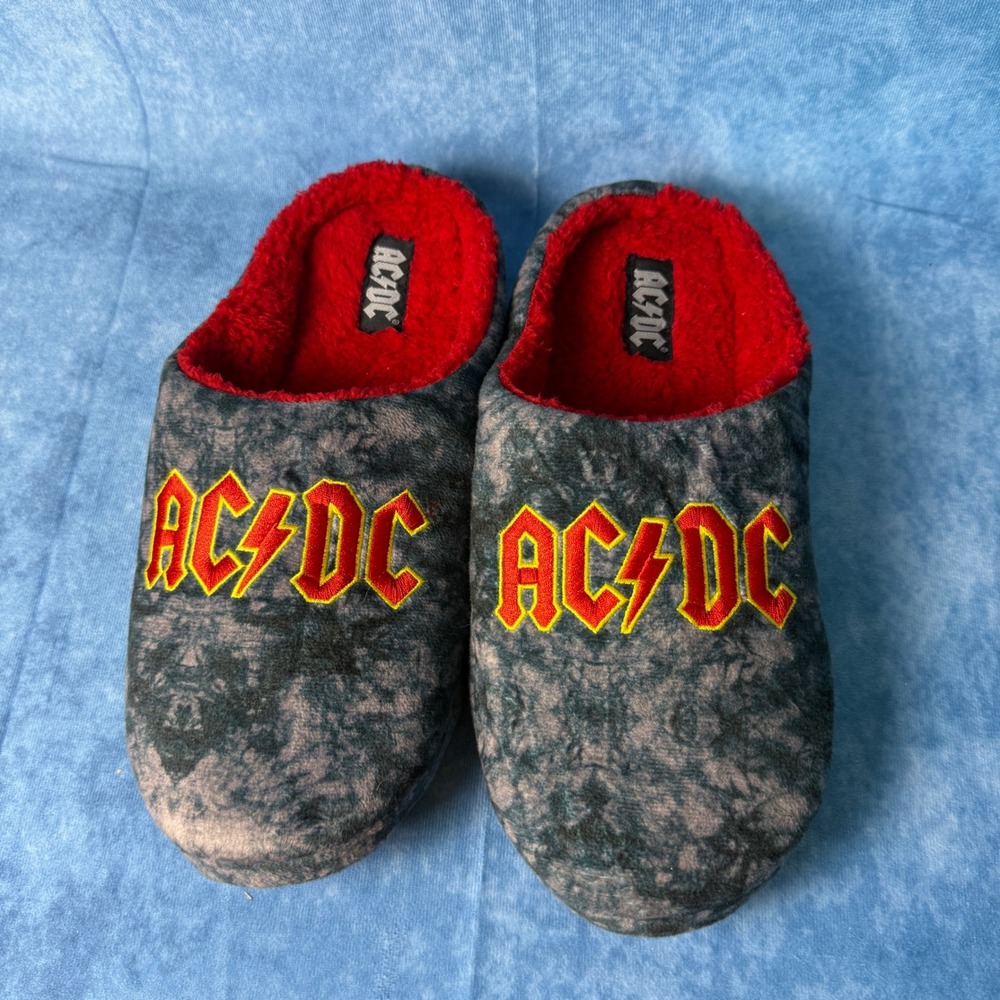 AC/DC Mens Slippers Gray Acid Wash Red Faux Shearling Rock Band Logo Size MD